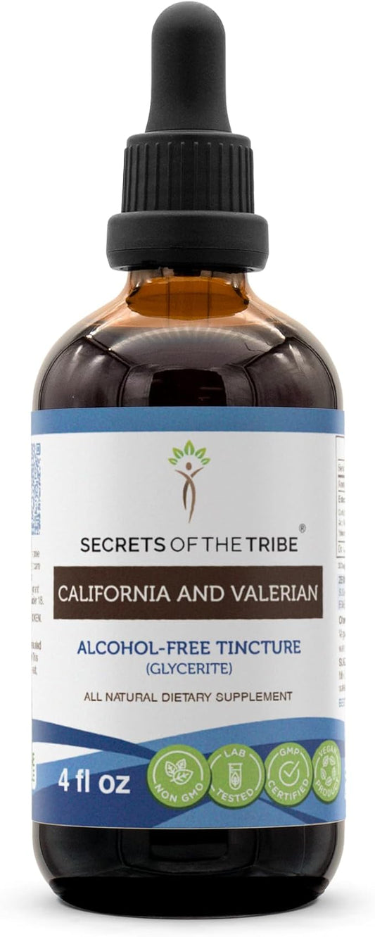 Secrets of the Tribe California and Valerian Alcohol-Free Liquid Extract, Herbs (California Poppy Herb and Flower, Valerian Root) Tincture Supplement (4 FL OZ)