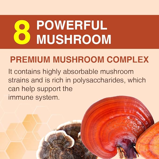 Lovita Mushroom Supplement, 8 in 1 Mushroom Complex, Lion’s Mane, Cordyceps CS-4, Reishi Spores, Turkey Tail, Maitake, for Natural Energy, Memory Support & Immune Support. 100 Vegan Capsules
