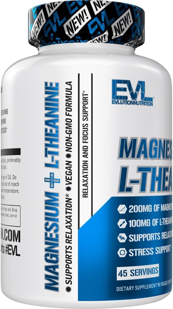 Evlution Nutrition Magnesium + L-Theanine - Natural Relaxation & Focus Support - 200mg Magnesium + 100mg L-Theanine - Vegan & Non-GMO - Dietary Supplement - 45 Servings - 90 Veggie Capsules