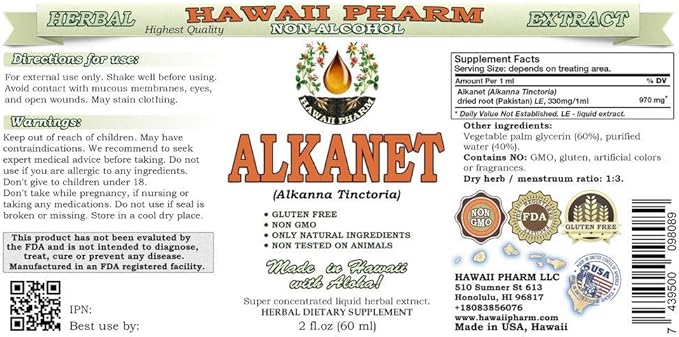 Hawaii Pharm Alkanet Alcohol-Free Liquid Extract, Alkanet (Alkanna Tinctoria) Dried Root Glycerite Natural Herbal Supplement 2 oz