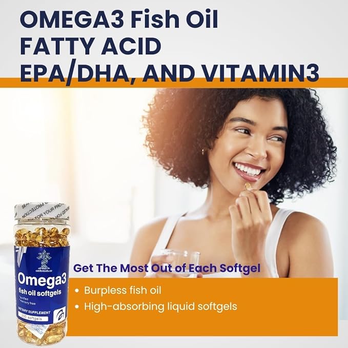 Fish Oil 1000 mg Softgels, 300 mg Omega 3 Supplements, 200 Softgels, 100 Days Supply