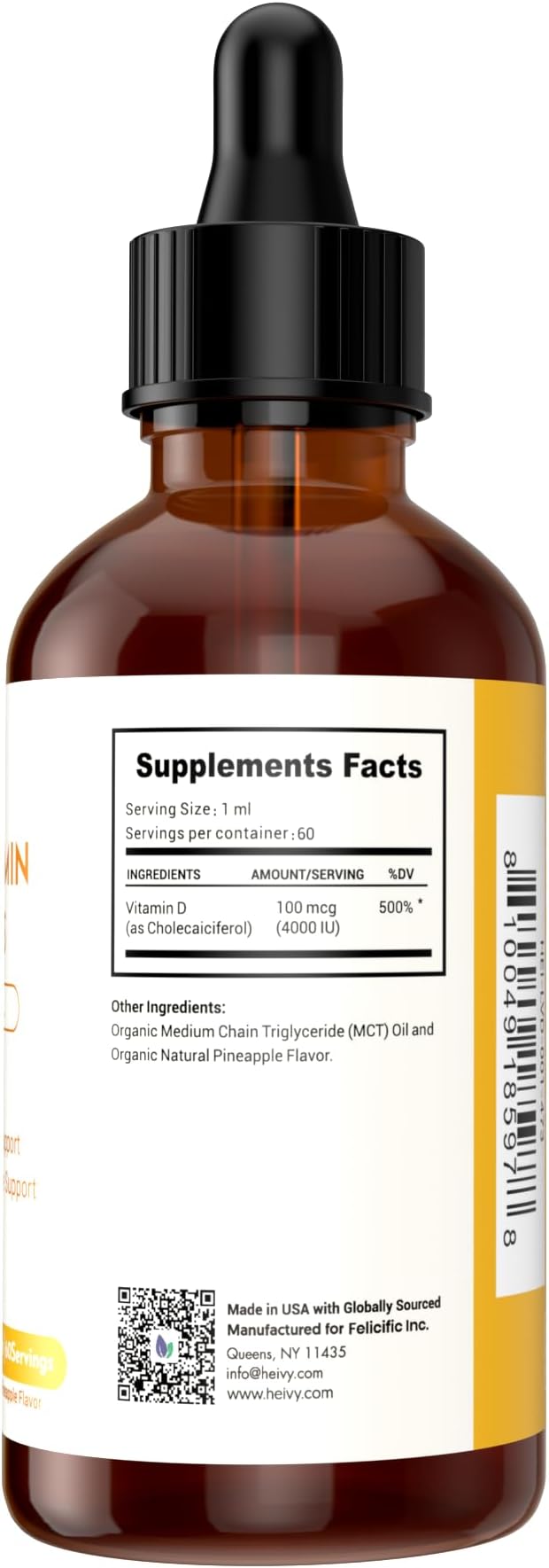 Liquid Vitamin D3 4000 IU (100 mcg), Liquid Vitamin D Supplement, Support Bone & Muscle Health, Pineapple Flavor Vegan VIT D3 Drops, 60 Servings 2 fl oz (60ml)