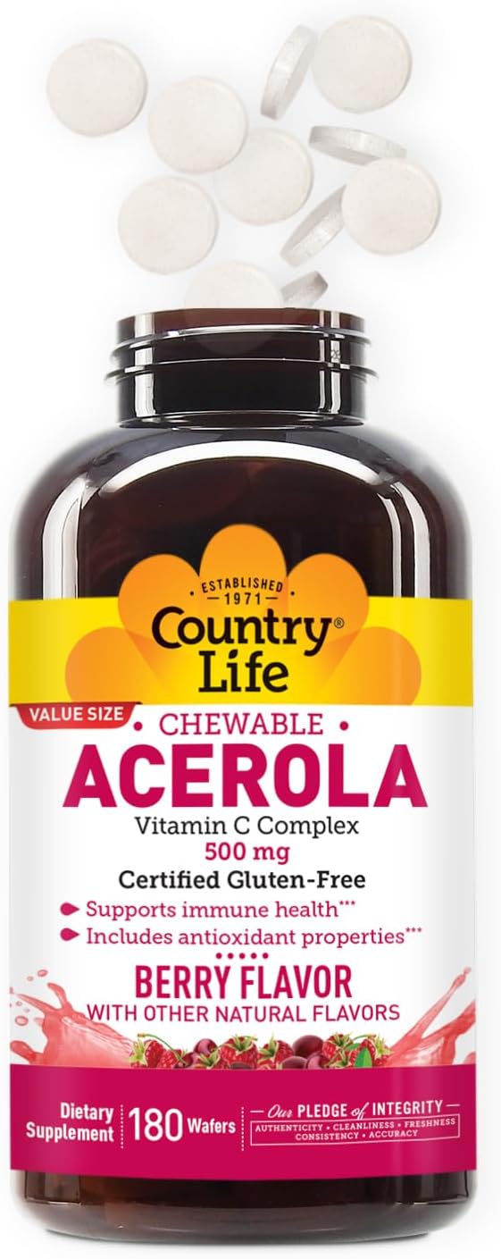 Country Life Acerola Vitamin C Complex, 500mg, Chewable Berry Flavored Wafers, Supports Immune Health, 180 Wafers, Certified Gluten Free by GFCO , Certified Vegan by AVA