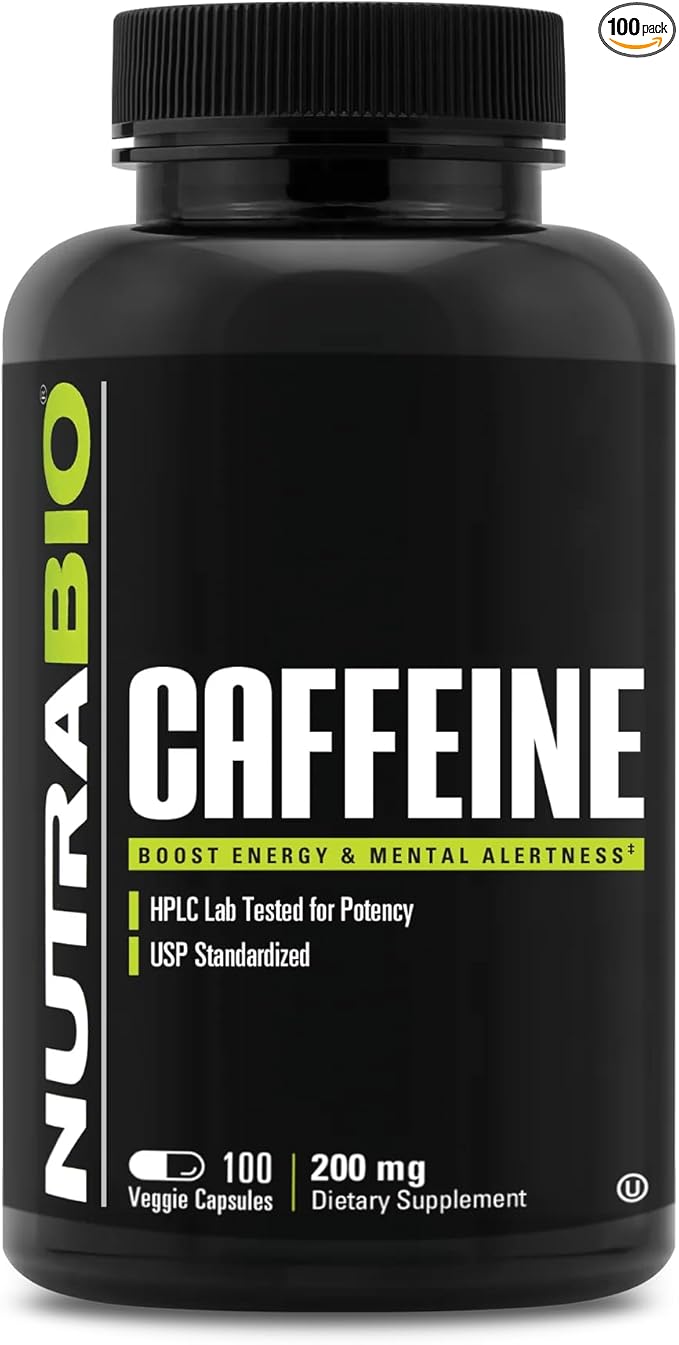 NutraBio 100% Pure Caffeine Capsules (100 Capsules)