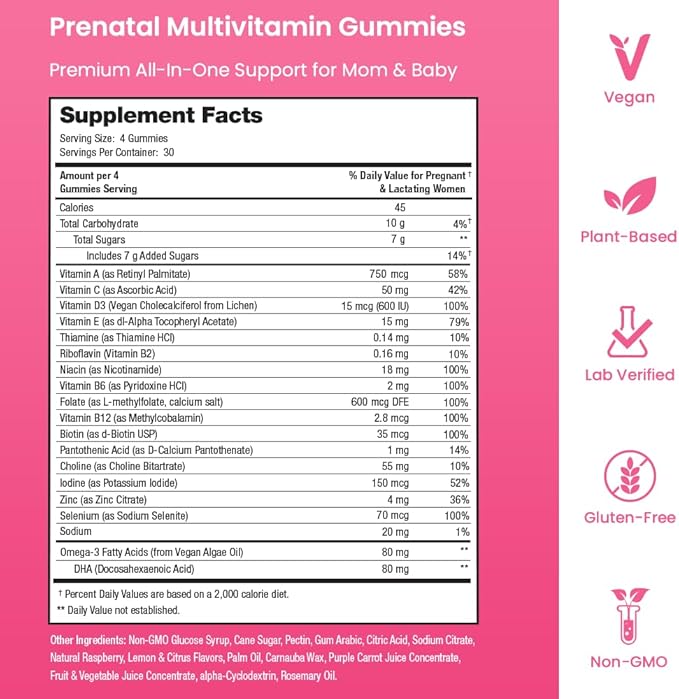 Prenatal Vitamin Gummies with DHA | Vegan Prenatal Vitamins for Women with Omega 3, Methylfolate, Choline & D3, Pregnancy Vitamins for Fetal Development | Gummy Multivitamin Supplement, 120 Count