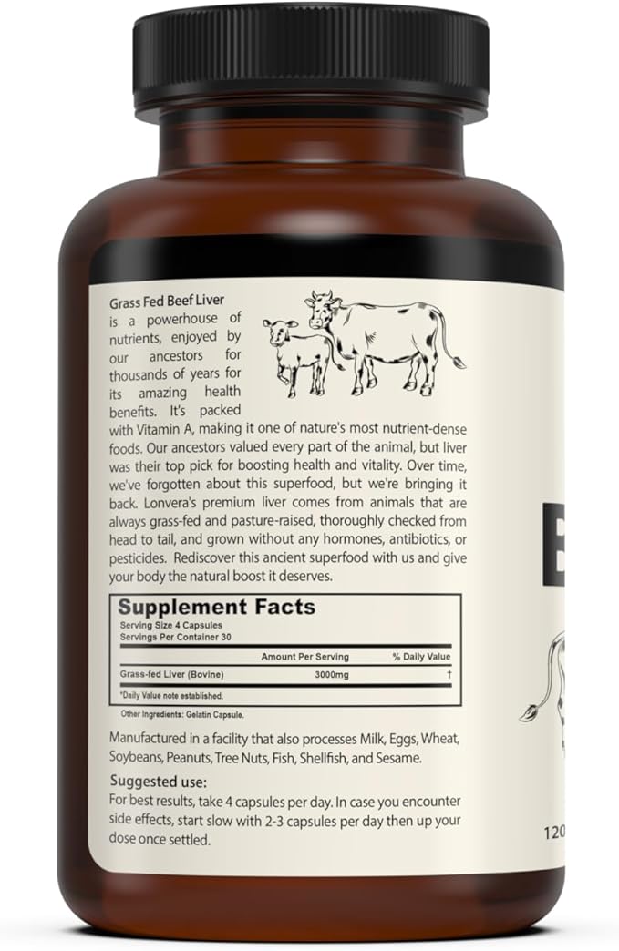 Grass Fed Beef Liver Capsules | Dessicated Liver Supplement | Freeze Dried Liver Pills | 30 Servings | 3000 mg | 120 Count
