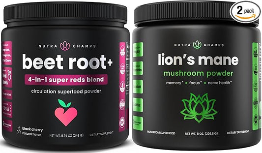 NutraChamps Beet Root Powder & Lion's Mane Powder. Powerful Circulation & Adaptogen Blends