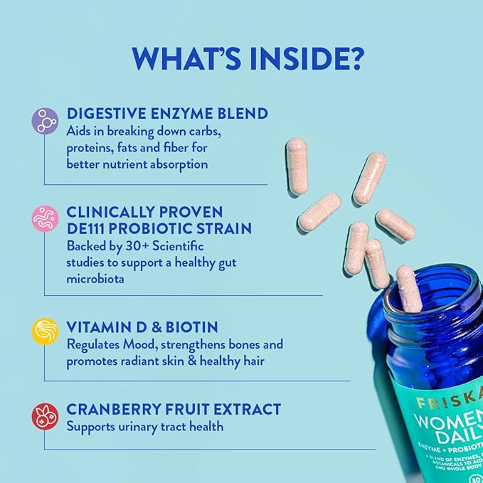 FRISKA Women’s Daily Digestive Enzyme and Probiotics Supplement, Advanced Natural Support for Female Digestive Health, Fights Bloating, Eases Digestion, Supports Nutrient Absorption, 30 Capsules