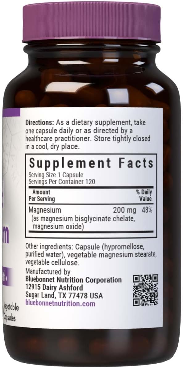 Bluebonnet Nutrition Albion Buffered Chelated Magnesium 200 mg, Magnesium Oxide, Stress Relief, Vegan, Non GMO, Gluten Free, Soy Free, Milk Free, Kosher, 120 Vegetable Capsules, 2 Month Supply