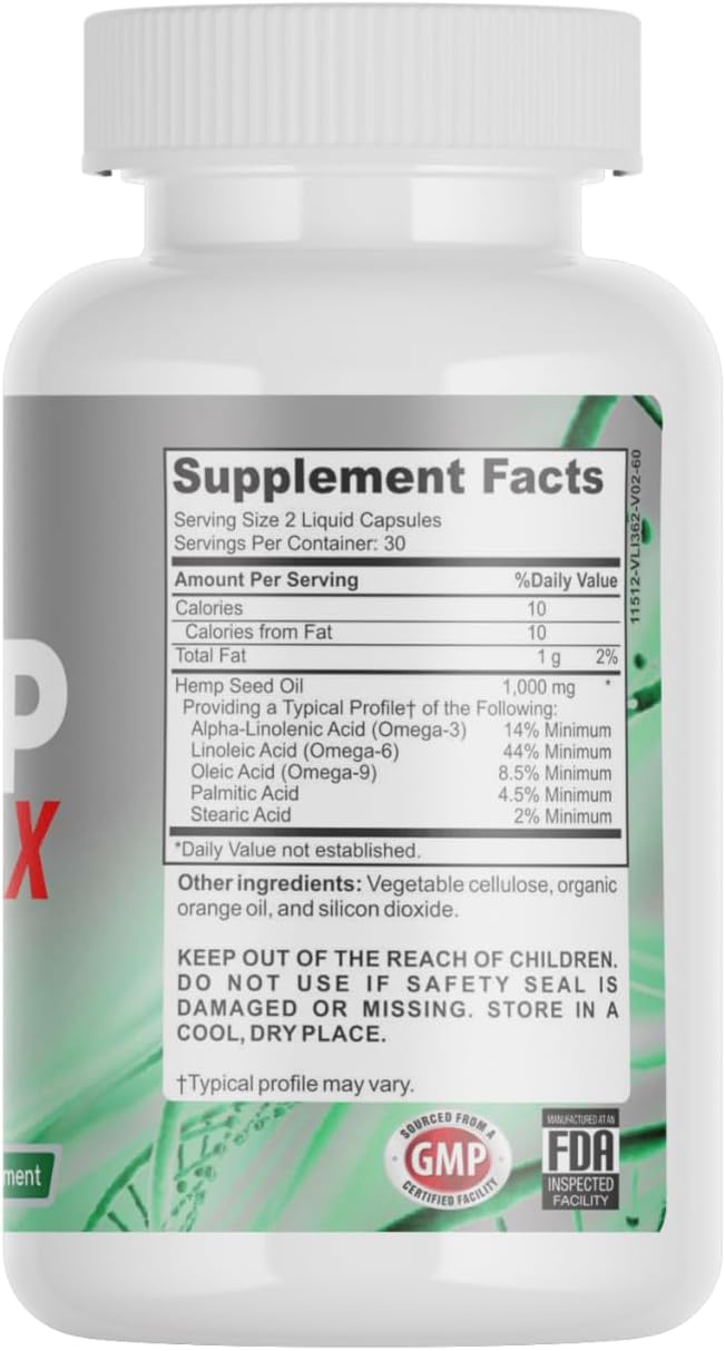 Hemp Seed Oil Capsules 1000mg with Triple Omega 3 6 9 | Organic Supplement with Essential Fatty Acids for Joint Support Relaxing Mood and Skin Health - 60 Liquid Vegan Capsules, Non-GMO, Made in USA.