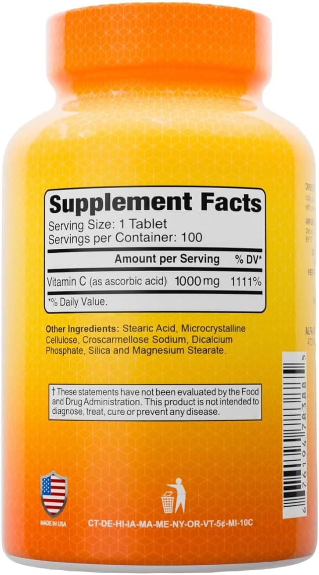 ALFA VITAMINS Vitamin C Supplement 1000mg, Powerful Antioxidant for Immune Support & Healthy Skin, Promotes Collagen Formation, Dietary Supplement for Daily Wellness and Skin Protection, 100 Tablets
