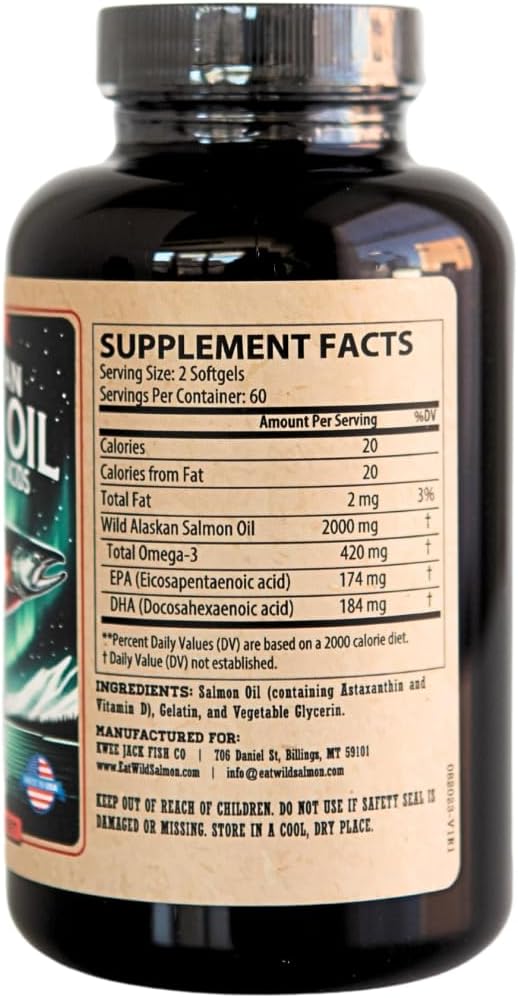 Wild Alaskan Salmon Fish Oil Omega 3 Supplement for Humans | EPA and DHA | Kwee-Jack Fish Co. | 120 Softgels 1000mg Salmon Oil