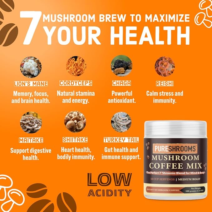 Perfect 7 Mushroom Coffee - Ultra Concentrated Mushroom Extracts with Low Acidity Arabica Coffee -Turkey Tail, Lion's Mane, Cordyceps, Reishi, Shiitake, Maitake, Chaga (100 Grams/3.53oz)