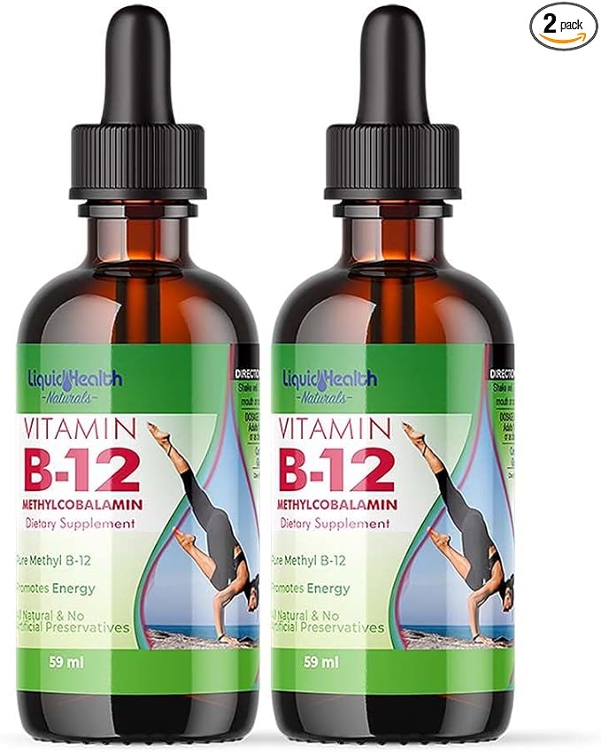 LIQUIDHEALTH Vitamin B12 Methylcobalamin Liquid Drops with Sublingual Hydroxocobalamin - Boost Energy, Support Immune System, Improve Memory & Concentration - Made in The USA, Vegan, Non-GMO (2 Pack)