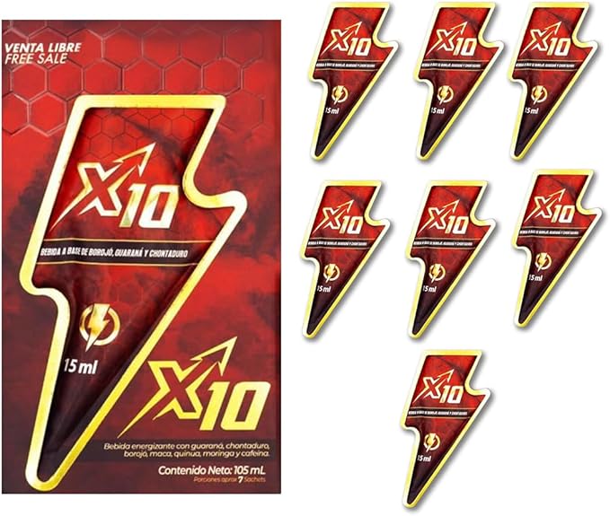 X10 Natural Supplement - Chontaduro, Guarana, and Borojó Blend | 15ml Sachets (7-Pack) | Plant-Based Energy Support.