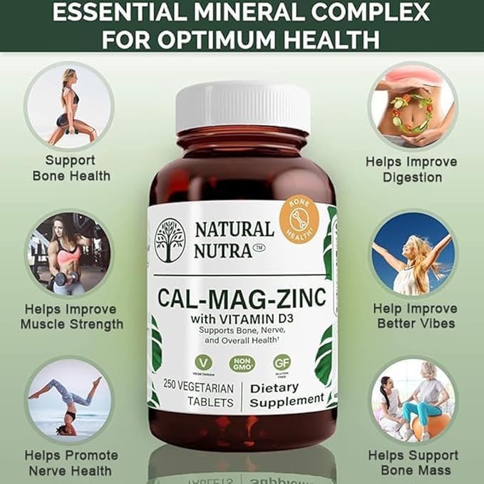 Natural Nutra 500 Count, Calcium Magnesium Zinc Supplement with Vitamin D3 for Bone Strength, Helps Improve Digestion, Health Gluten Free and Sugar-Free, Essential Mineral Complex