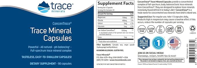 Trace Minerals ConcenTrace Capsules - Supplement Supports Bone Health & Body Energy - Healthy Hydration & Electrolyte Support Supplement - 90 Capsules (30 Servings)