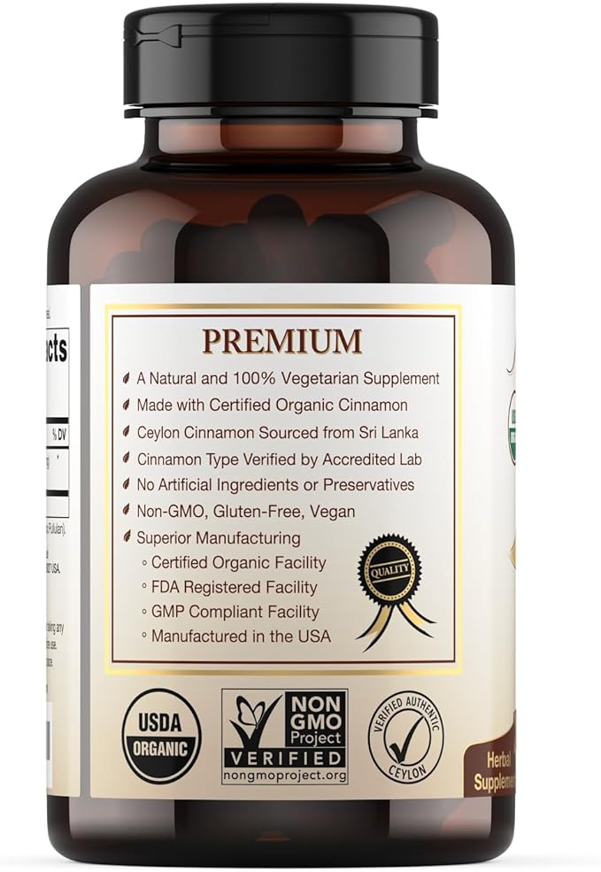 USDA Certified Organic Ceylon Cinnamon Capsules, Non-GMO Verified Supplement - 120 Capsules, 2 Month Supply