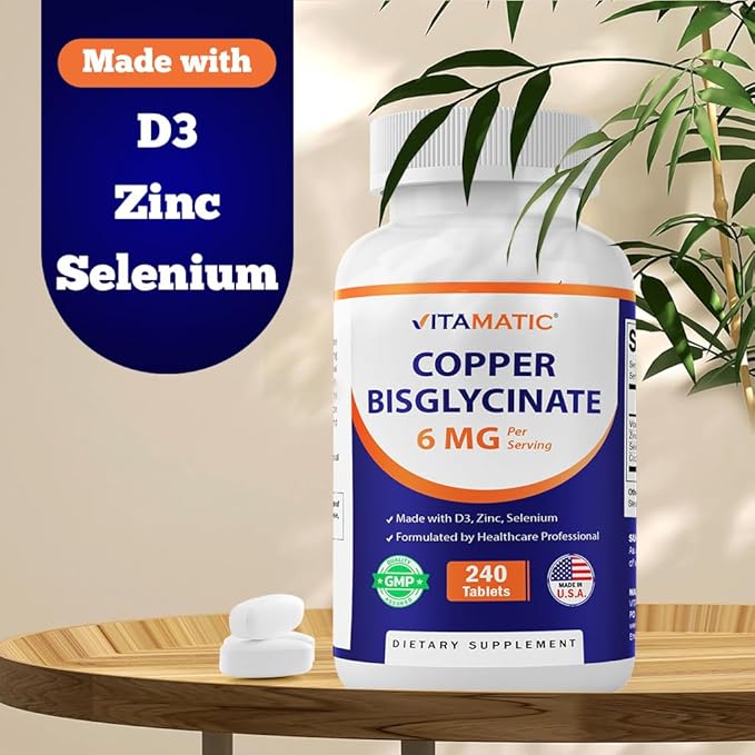 Vitamatic Copper Bisglycinate 6 mg Made with Vitamin D3 2000 IU, Zinc 50mg, Selenium 50mcg - 240 Tablets - Non-GMO & Gluten Free