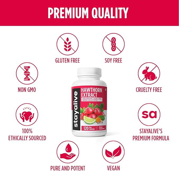 STAY ALIVE Extra Strength Hawthorn Berry Capsules, 20:1 Extract, 6-in-1 Antioxidant w/Citrus Bergamot, Turmeric Root Powder, Garlic, Arjuna & Black Pepper, 120 Vegan Pills, Hawthorne Berry Supplement