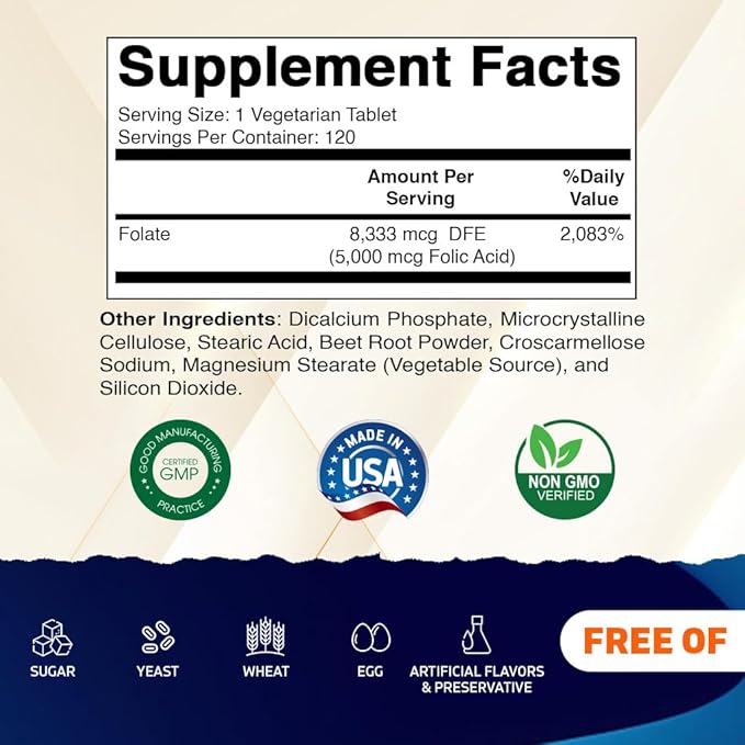 Vitamatic Folic Acid 5mg (5000 mcg) – 120 Vegetarian Tablets per Bottle – Vitamin B9 (Folate) – 3-Pack | Total 360 Tablets