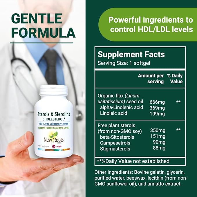 NEW ROOTS HERBAL Plant Sterols and Sterolins Supplement with Organic Flaxseed | Stanols or Phytosterols for Cholesterol Support with Source of Omega-3s (120 Softgels)