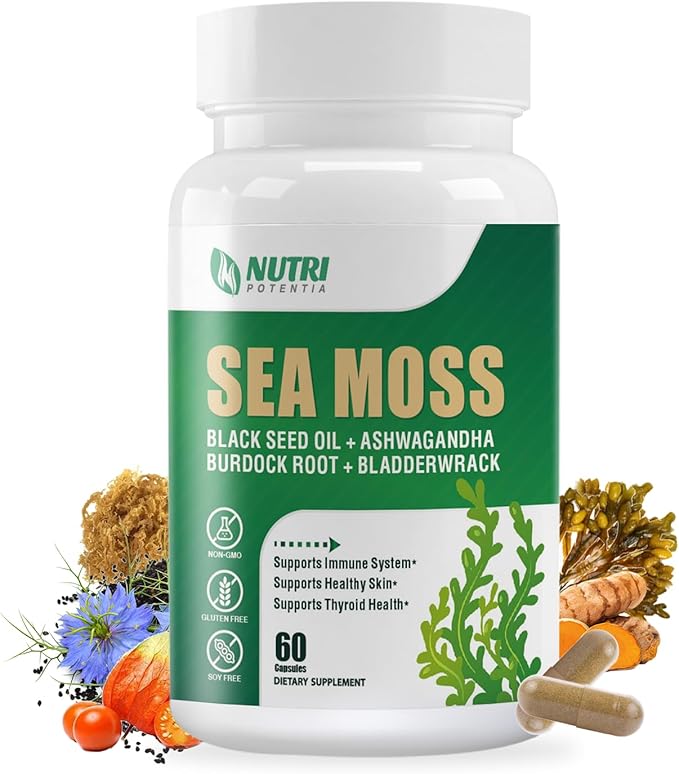 Sea Moss Black Seed Oil Ashwagandha Ginger Supplement - Irish Sea Moss with Turmeric, Bladderwrack & Burdock - 16 in 1 Immune, Joint and Gut Support - 60 Capsules