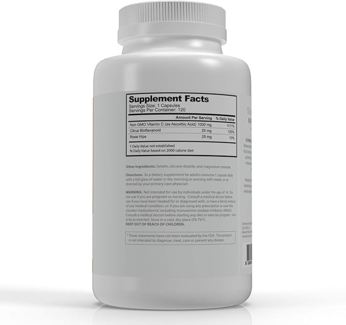 Vitamin C 1000 mg Daily Immune Support with Rose HIPS & Citrus Bioflavonoids Healthy Skin & Joints Buffered Non-GMO Non Acidic, 120 Capsules