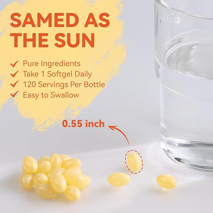 Vitamin D3 K2 Supplement Softgels, Vitamin D3 5000 IU & Vitamin K2 MK7 200 mcg, Bone & Teeth Support, Easy to Swallow - 120 Counts