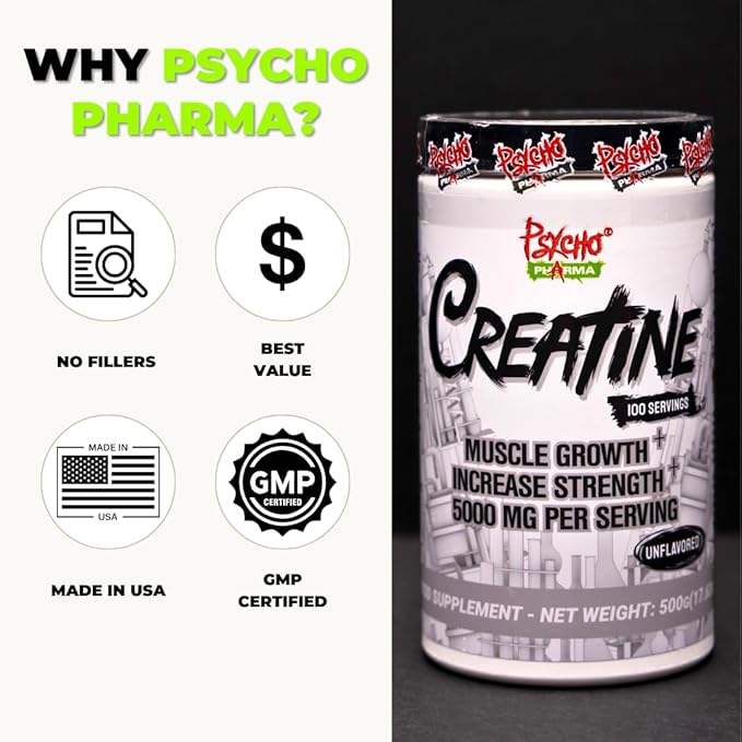 Psycho Pharma Creatine - 5g of Premium Creatine Monohydrate per Serving, 100 Servings