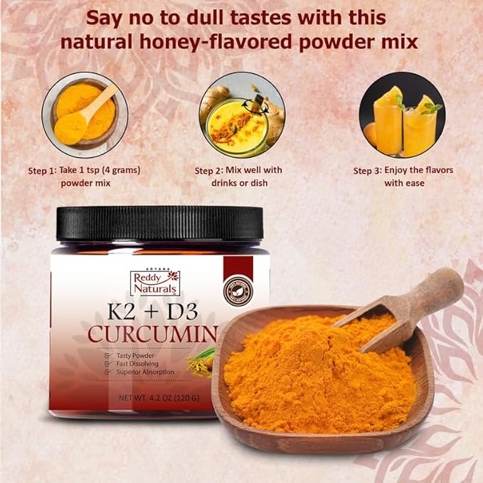 Reddy Naturals Turmeric Curcumin with K2 D3 and Black Pepper - Natural Supplement for Joint, Bone & Immune Health - Water-Soluble Powder with Honey - 4.2 oz (120g)