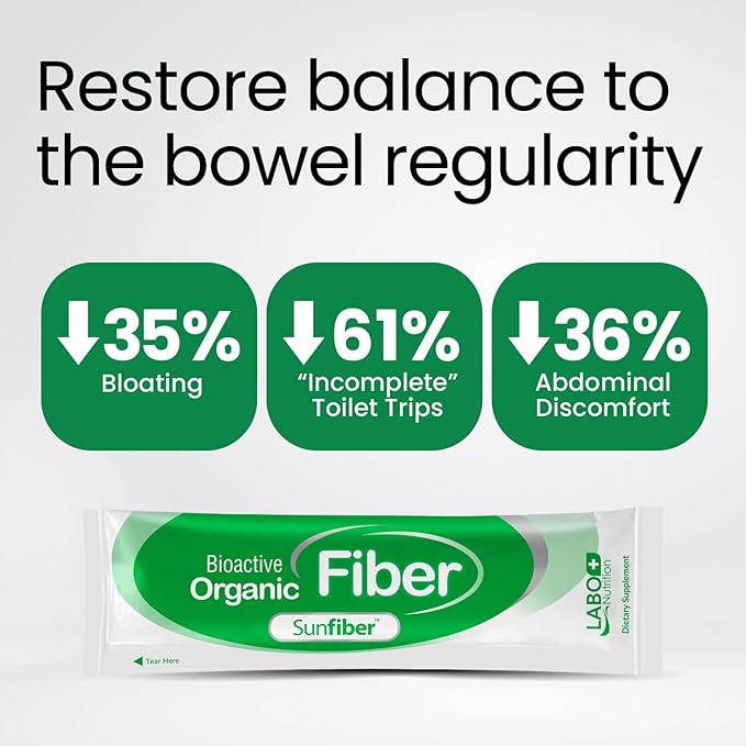 LABO Nutrition Bioactive Organic Fiber – Sunfiber PHGG Soluble Prebiotic Fiber for Digestive Regularity & Gut Health – Partially Hydrolyzed Guar Gum, Low FODMAP, Unflavored, Vegan, Non-GMO, 30 Sachets