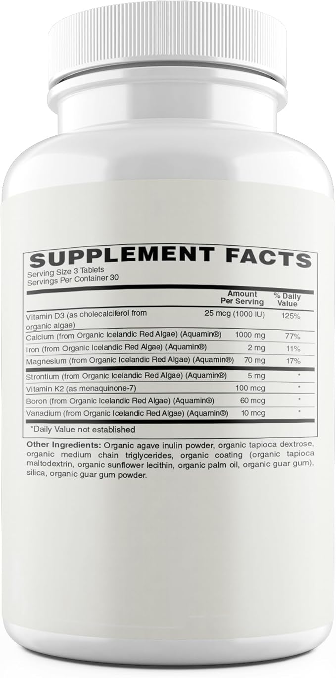 Plant Calcium | 1000mg Certified Organic Whole Food Calcium from Organic Icelandic Red Algae with Vitamin D3, Vitamin K2 and Magnesium | 72 Trace Minerals | 90 Vegan Tablets