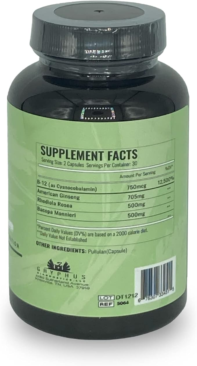 Focus, Anti Brain Fog, Brain Booster with American Ginseng, Rhodiola & Bacopa Monnieri, Supports Productivity and Concentration, 60 Capsules (30 Servings)
