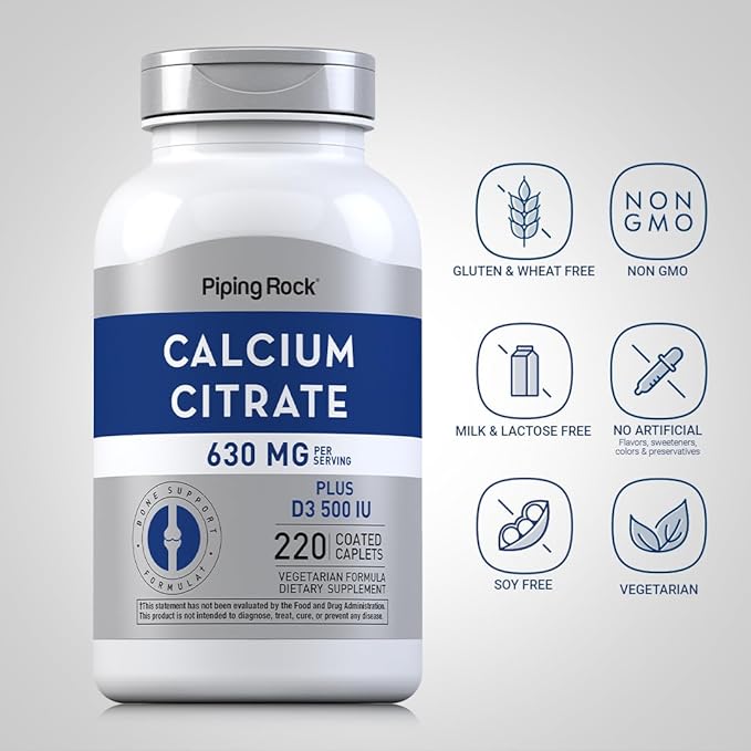 Piping Rock Calcium Citrate with Vitamin D3 | 630 mg | 220 Caplets | Supplement for Women and Men | Vegetarian, Non-GMO, Gluten Free