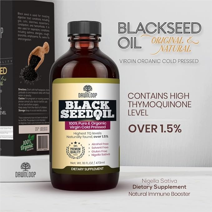 Black Seed Oil Cold Pressed - 100% Pure Nigella Sativa, Black Cumin Oil for Skin, Hair, Cooking, and Daily Use, Gluten Free, Non-GMO