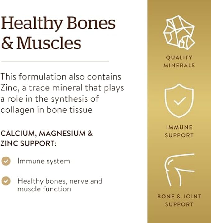 Solgar Calcium Magnesium Plus Zinc, 100 Tablets - Promotes Healthy Bones and Teeth - Supports Nerve & Muscle Function - Non GMO, Vegan, Gluten Free, Dairy Free, Kosher, Halal - 33 Servings