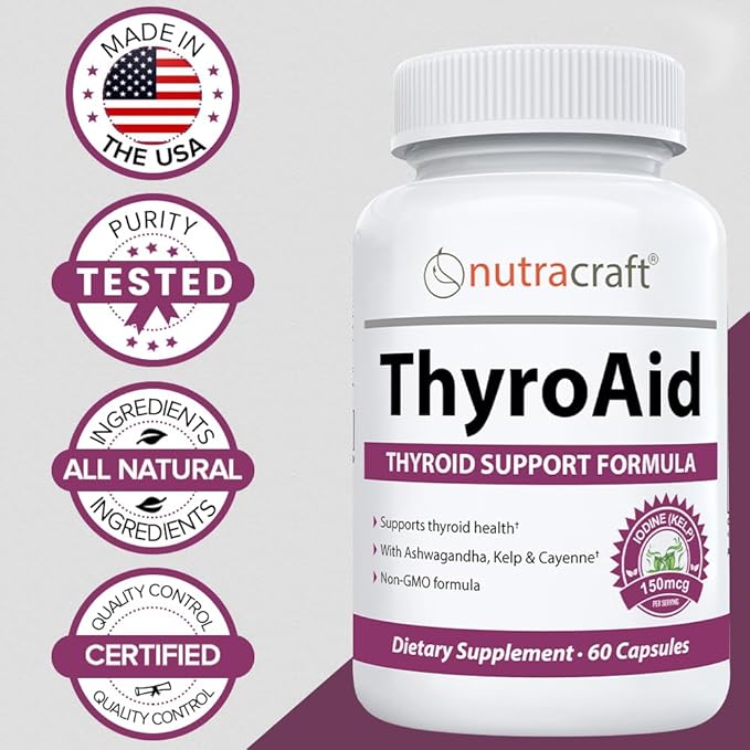ThyroAid #1 Thyroid Support Supplement | Natural Herbal Thyroid Formula with Iodine (Kelp), Ashwagandha, L-Tyrosine & More | Support Thyroid Health & Energy Levels | 60 Capsules