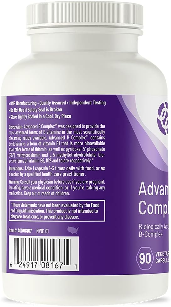AOR, Advanced B Complex, Multivitamin Support for Energy, Stress and Metabolism, Dietary Supplement, 90 Capsules (90 Servings)