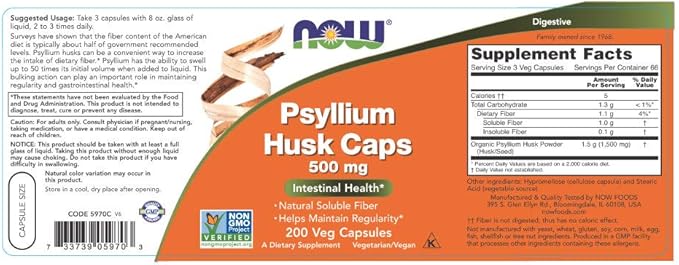 NOW Psyllium Husk 500mg, 200 Capsules (Pack of 3)