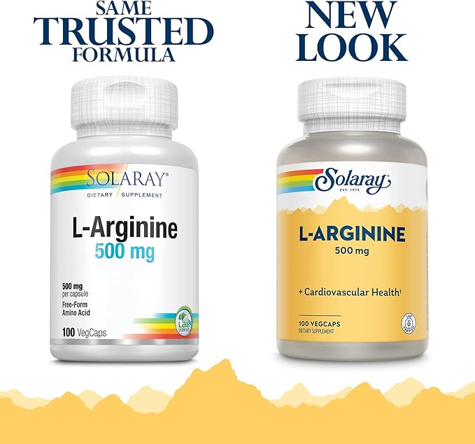 SOLARAY L-Arginine 500 mg, Nitric Oxide Supplement, Endurance, Energy, Heart Health Support, 100 Servings, 100 VegCaps
