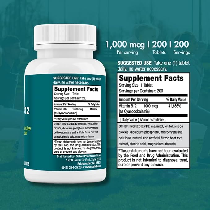 Safrel Vitamin B12 1000 mcg, 200 Fast Dissolve Tablets, Easy to Take Sublingual B12 Cherry Flavor, 200 Day Supply