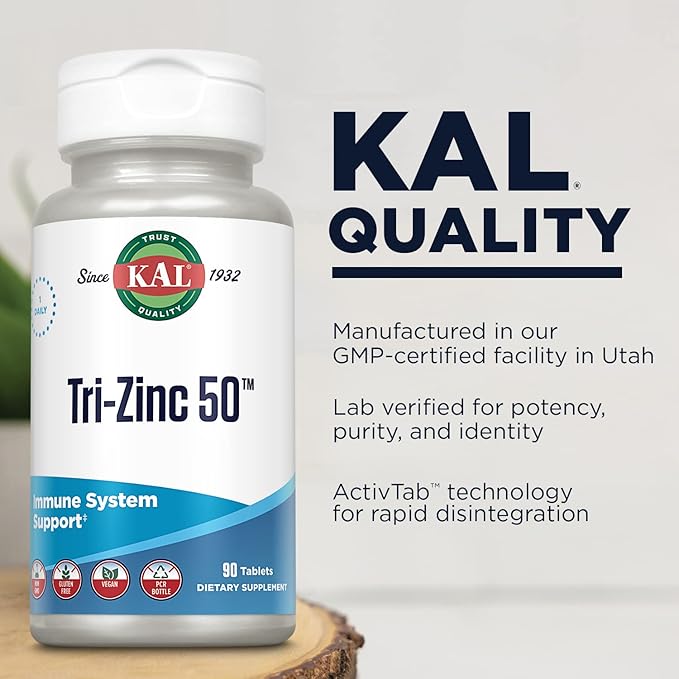 KAL Tri Zinc 50mg w/Zinc Citrate, Zinc Amino Acid Chelate and Zinc Picolinate, Healthy Metabolism and Immune Support Supplement, Vegan, Gluten Free, Non-GMO, 60-Day Guarantee, 90 Servings, 90 Tablets