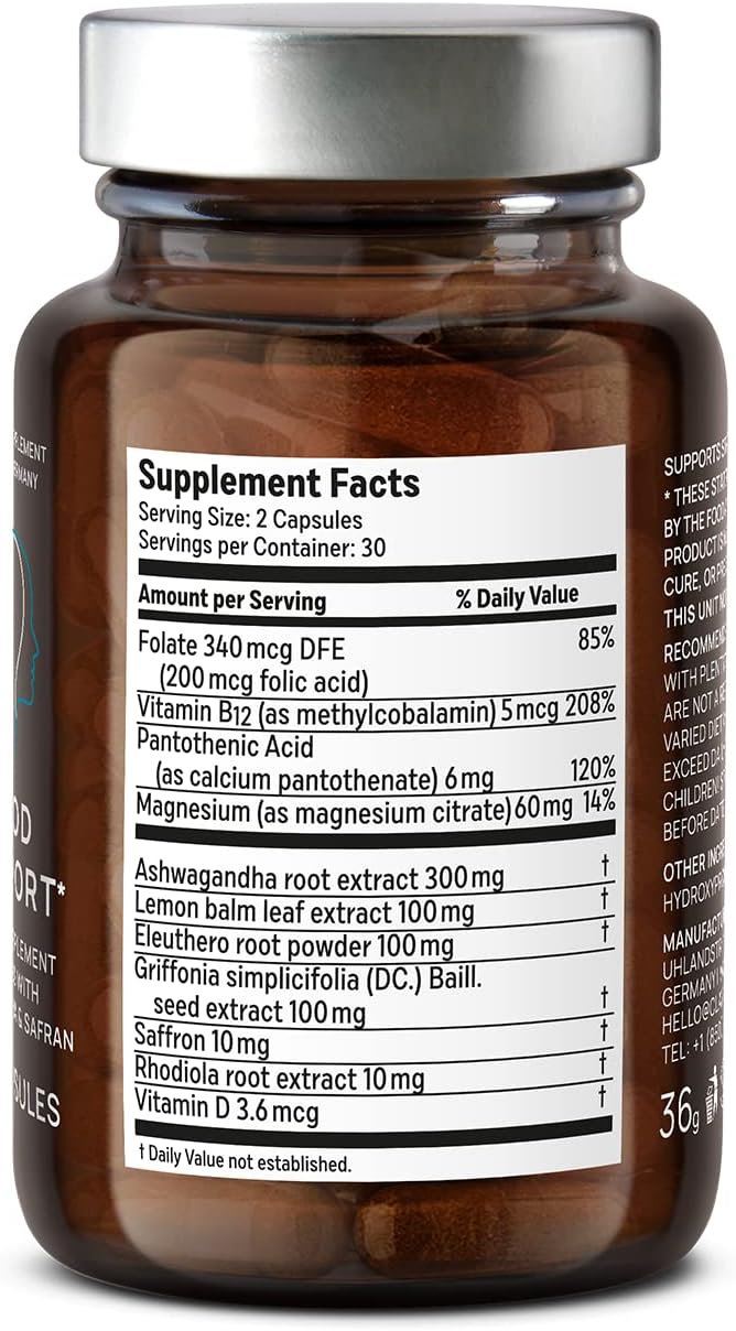 CLAV Mood Support Supplement - with Ashwagandha + Saffron Extract + 5-HTP Griffonia + Siberian Ginseng + Rhodiola rosea - 60 Capsules