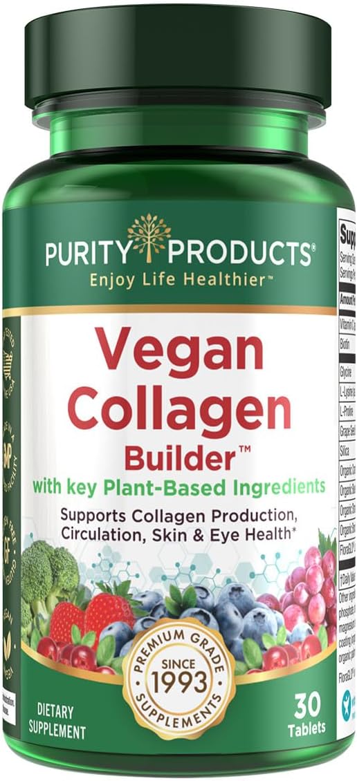 Purity Products Vegan Collagen Builder - Organic Whole Foods Fruits + Veg, Silica, Lutein, Vitamin C, Biotin, Grape Seed - Amino Acids Glycine, Lysine + Proline Collagen Boosters - 30 Tablets