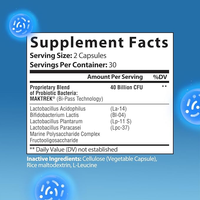 Floranol40 Probiotic Supplement for Gut Support, 6 Diverese Strains for Healthy Gut Flora, with Lactobacillus, Bifidobacterium, Fructooligosaccharide & Marine Polysaccharide Complex 60 Capsules (1)