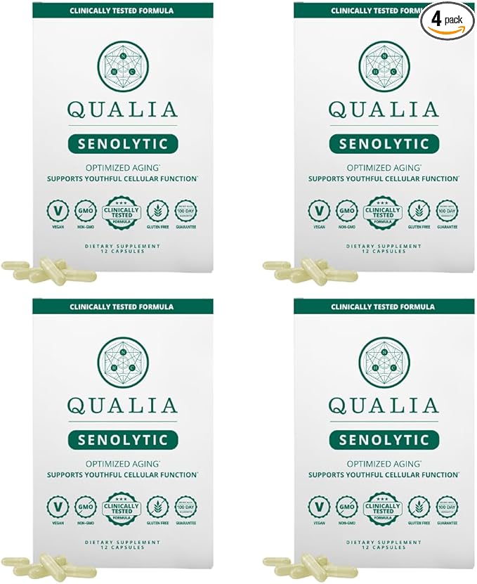 Qualia Senolytic | The Ultimate Formula for Enhanced Cell Repair and Rejuvenation. 2-Day Aging & Longevity Support Regimen w. Fisetin, Quercetin, Piperlongumine, Senactiv®, Curcumin (4 Pack)