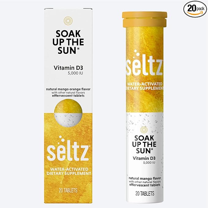 Seltz® Water-Activated Vitamins - Soak up The Sun with Vitamin D3 (5,000 IU) – Natural Mango Orange Flavor Dietary Supplement - 20 Effervescent Tablets