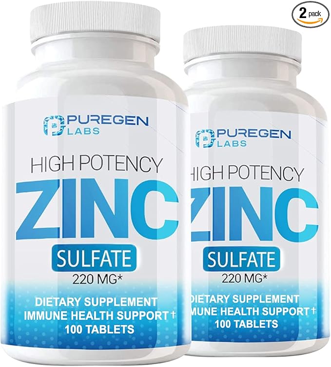 Puregen Labs Zinc Sulfate 220 mg Dietary Supplement Tablets - 100 Count (Pack of 2)