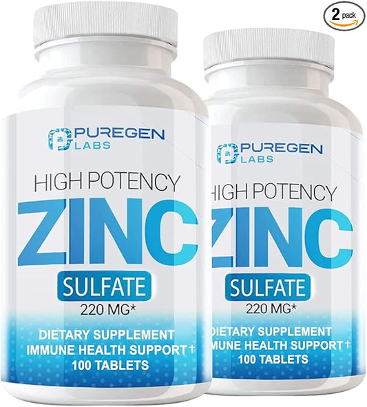 Puregen Labs Zinc Sulfate 220 mg Dietary Supplement Tablets - 100 Count (Pack of 2)